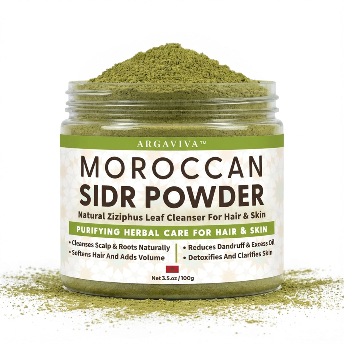 Argaviva jar front view showing Sidr powder for gentle clarifying