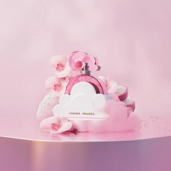 Ariana Grande Cloud Pink ingredient flatlay with dragon fruit and vanilla, scent clarity