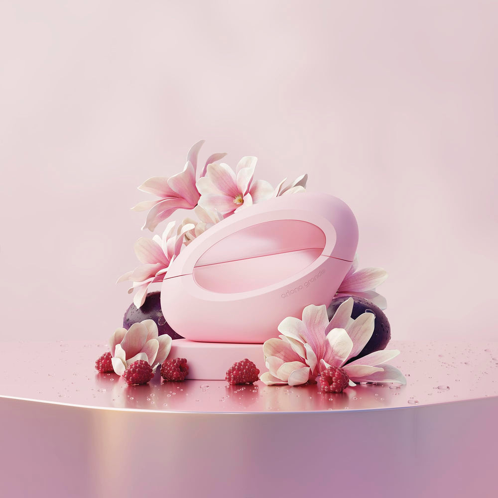 Ariana Grande MOD Blush close-up mist capturing fine spray and long-lasting feel