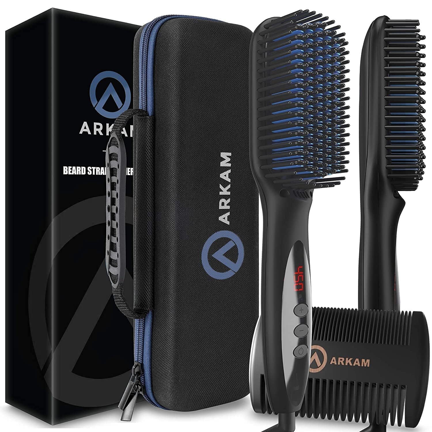 Arkam front view of heated beard brush showing controls and design, fast styling benefit