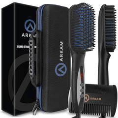 Arkam front view of heated beard brush showing controls and design, fast styling benefit