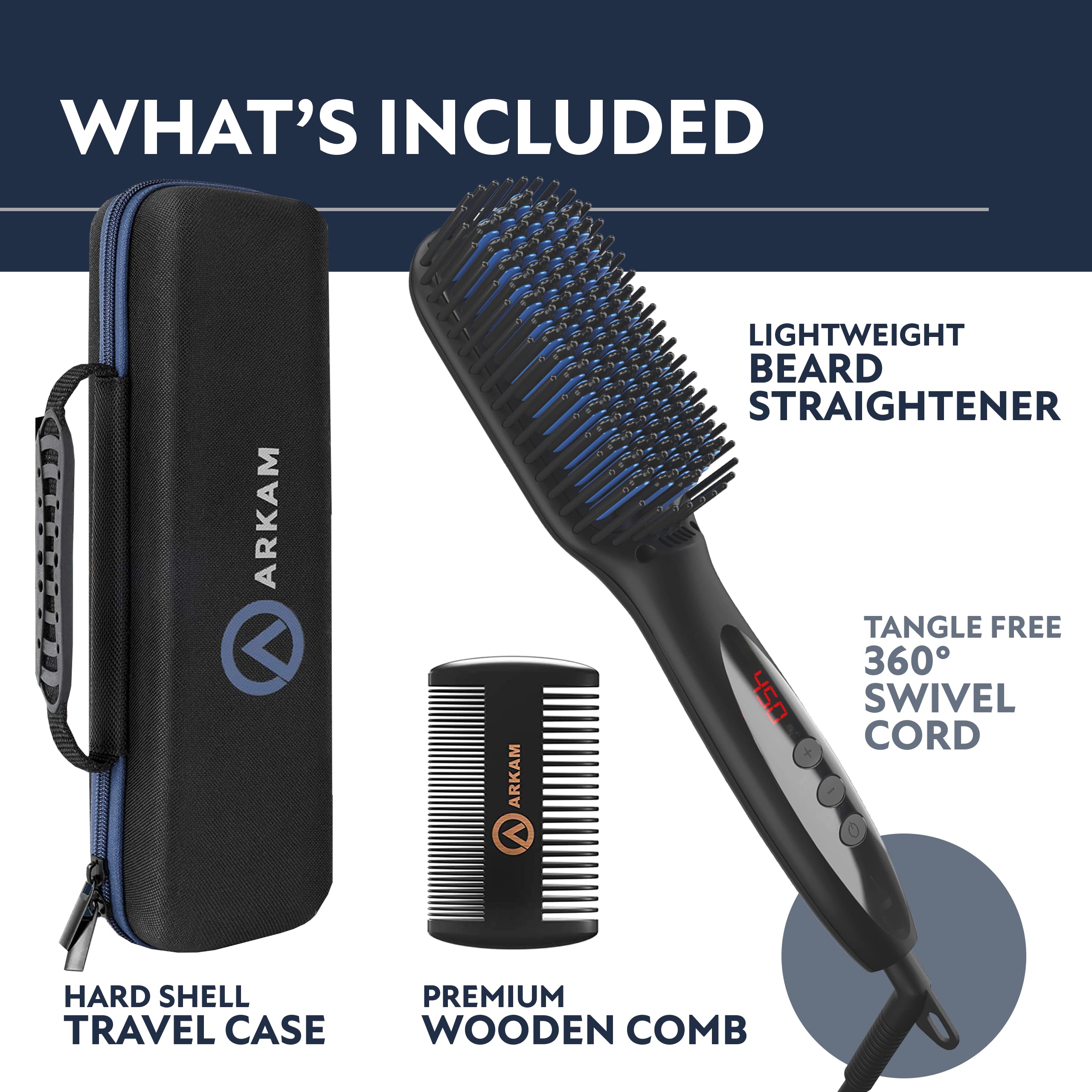 Arkam heated brush styling a beard, reduces frizz and speeds daily grooming