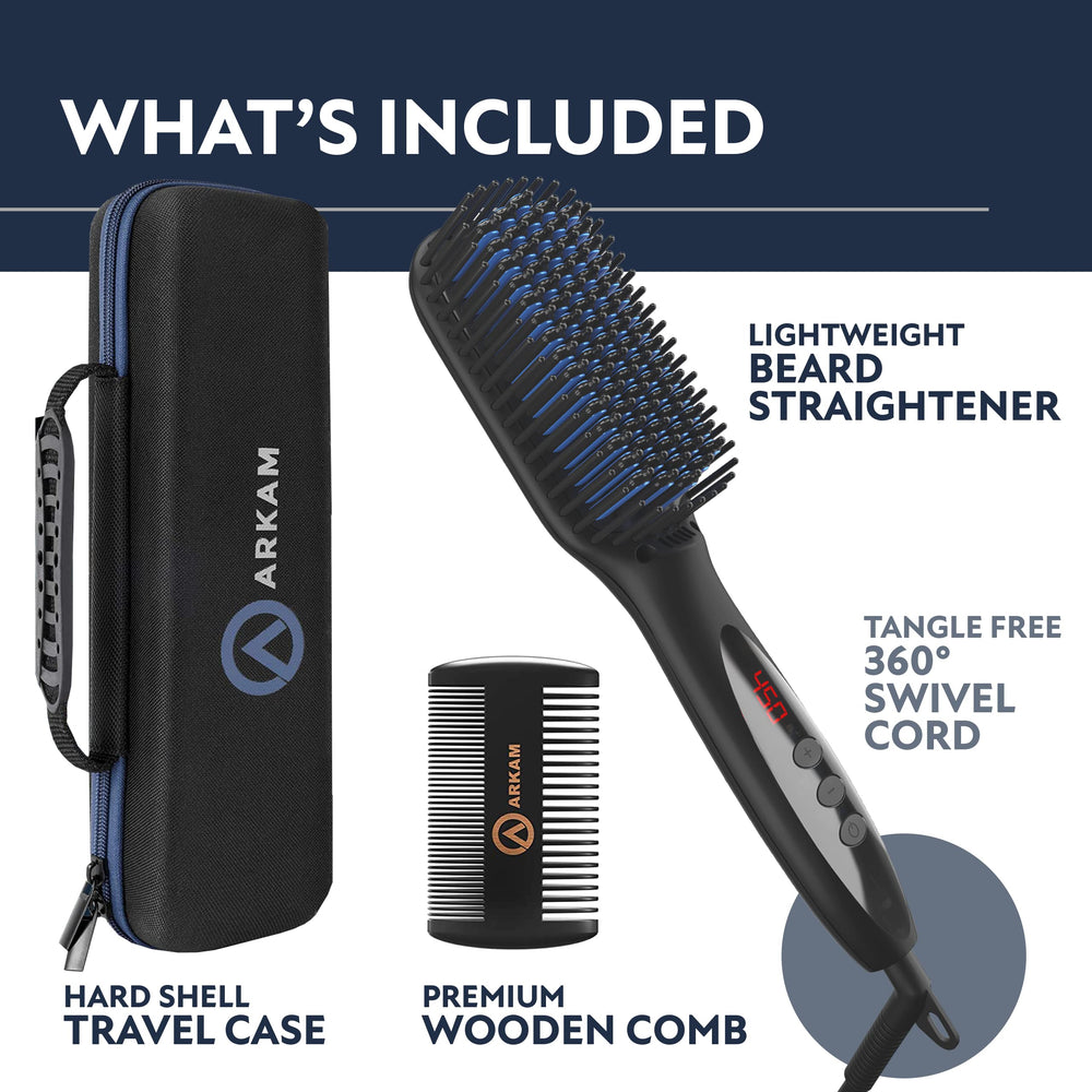 Arkam heated brush styling a beard, reduces frizz and speeds daily grooming