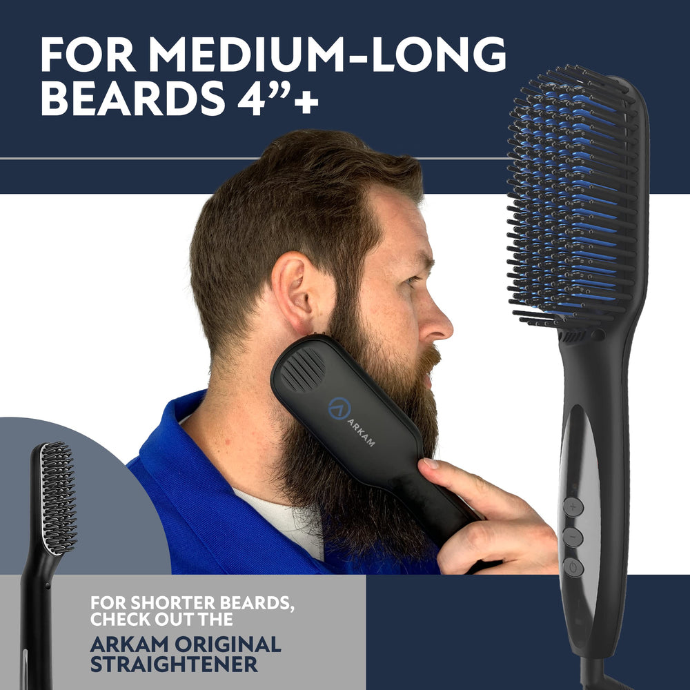 Arkam beard straightener held in hand to show scale, ergonomic grip benefit