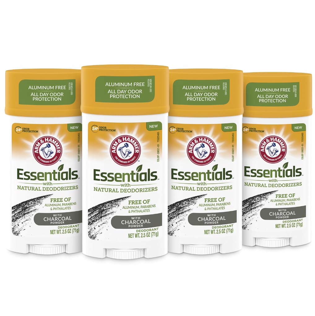 ARM & HAMMER front packaging showing four charcoal deodorant sticks and freshness benefit