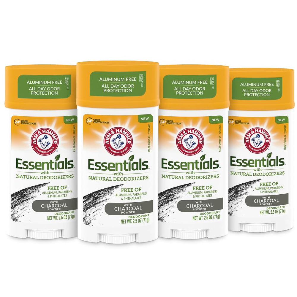 ARM & HAMMER front packaging showing four charcoal deodorant sticks and freshness benefit