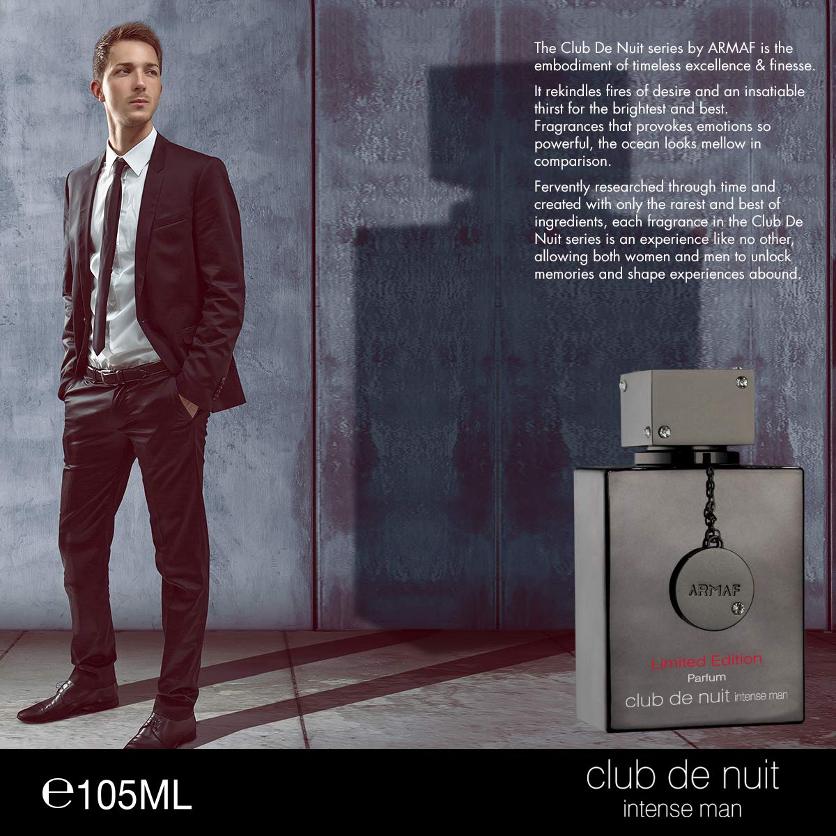 Flatlay of key ingredients with bottle, shows Armaf scent notes and composition clarity