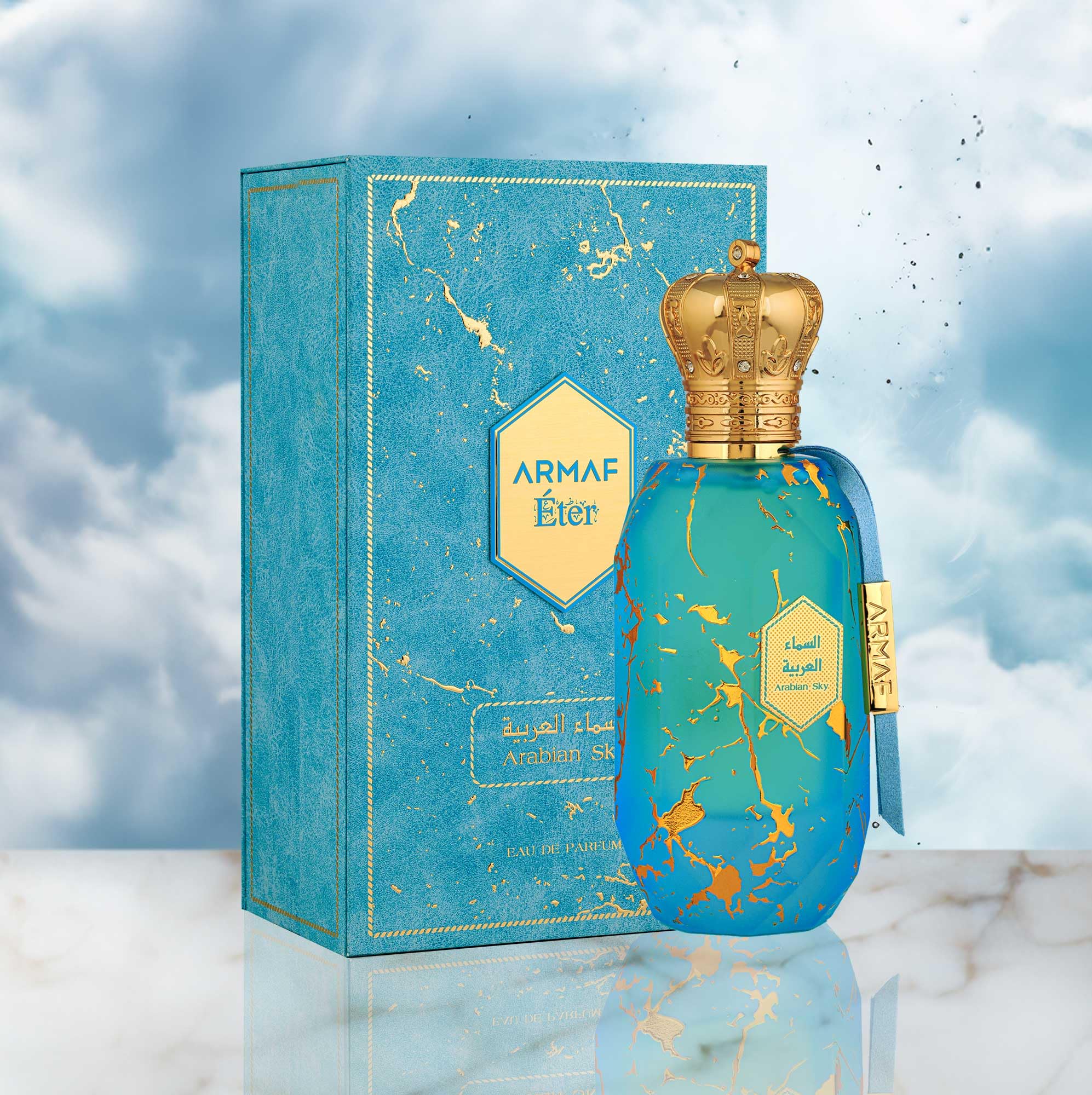 Armaf Eter Arabian Sky label detail close-up showing ingredient cues and premium finish benefit