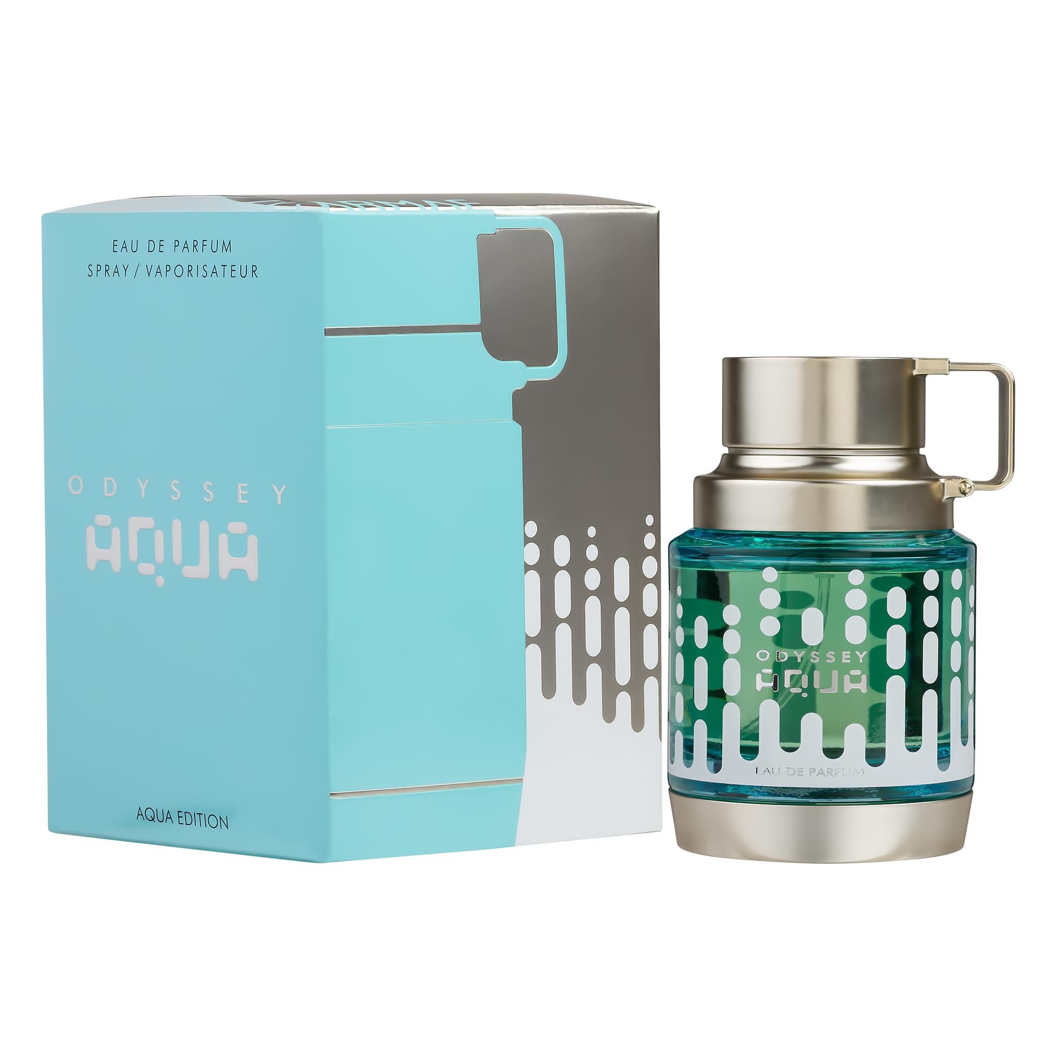 Armaf Odyssey Aqua held in hand to show 60 ml scale and travel-friendly practicality