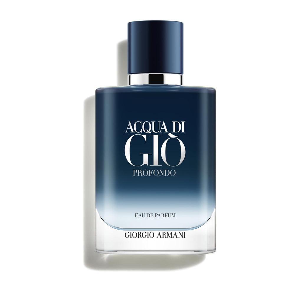 Armani Beauty bottle front view showing elegant blue finish and sea-inspired design