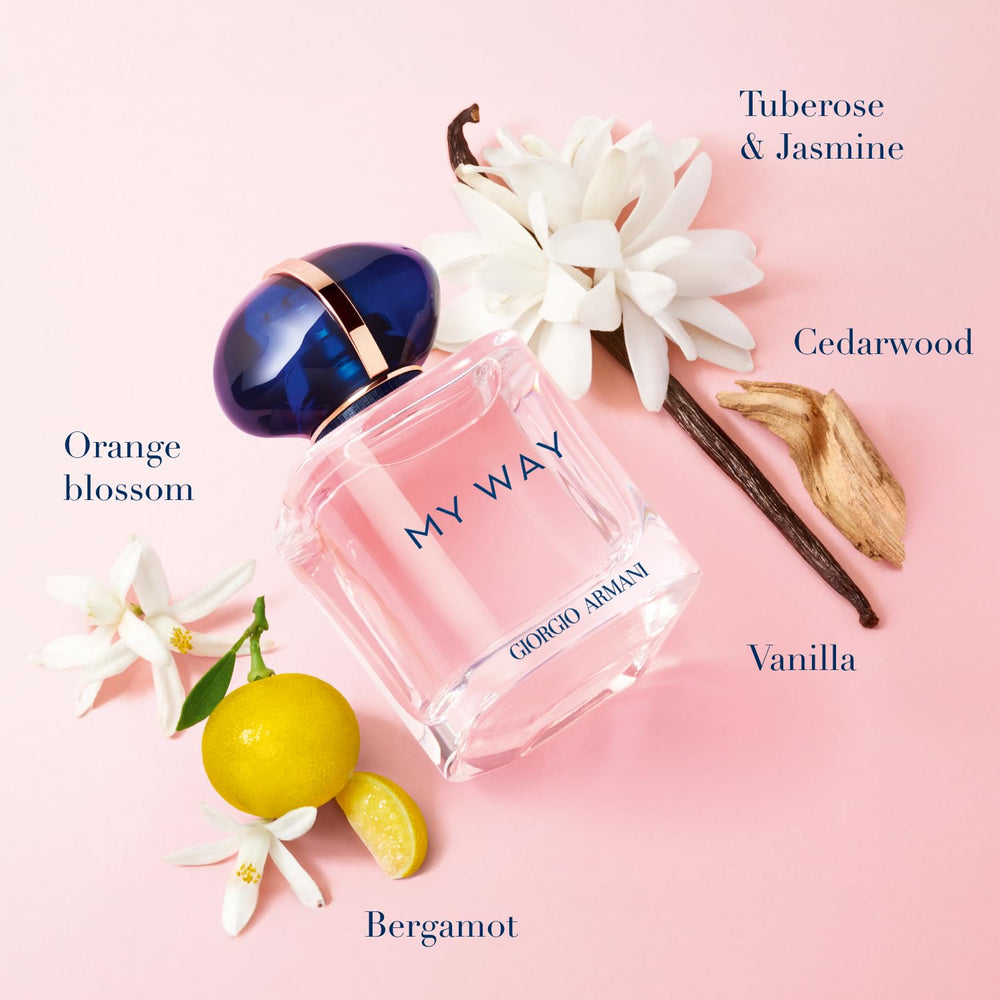 Armani Beauty close-up of My Way bottle highlighting elegant cap and glass