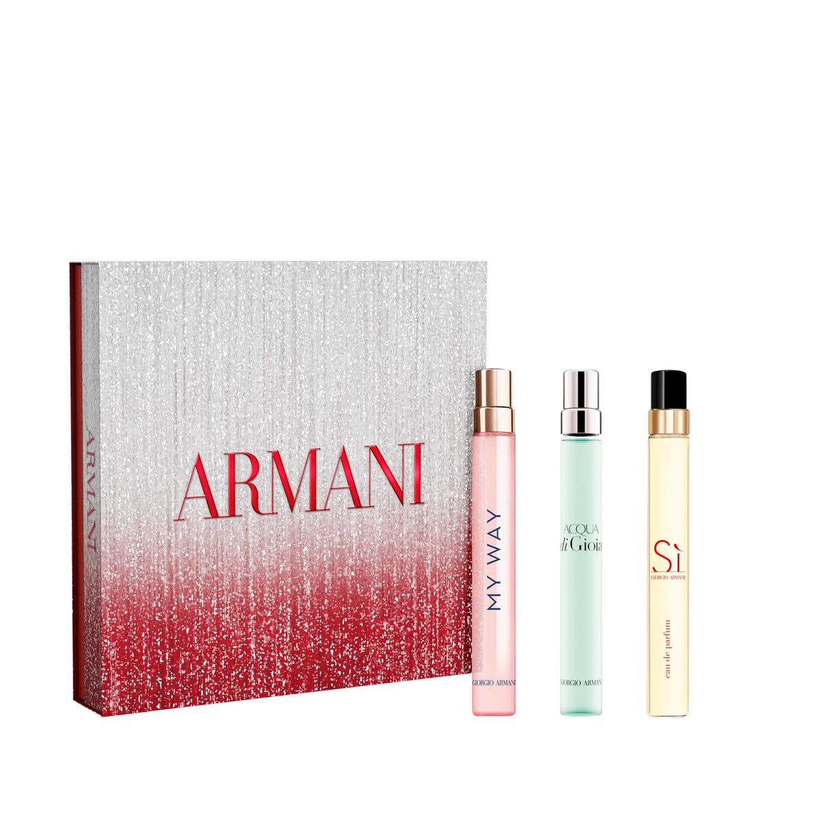 Armani Beauty front packaging trio showing three mini sprays for easy gifting