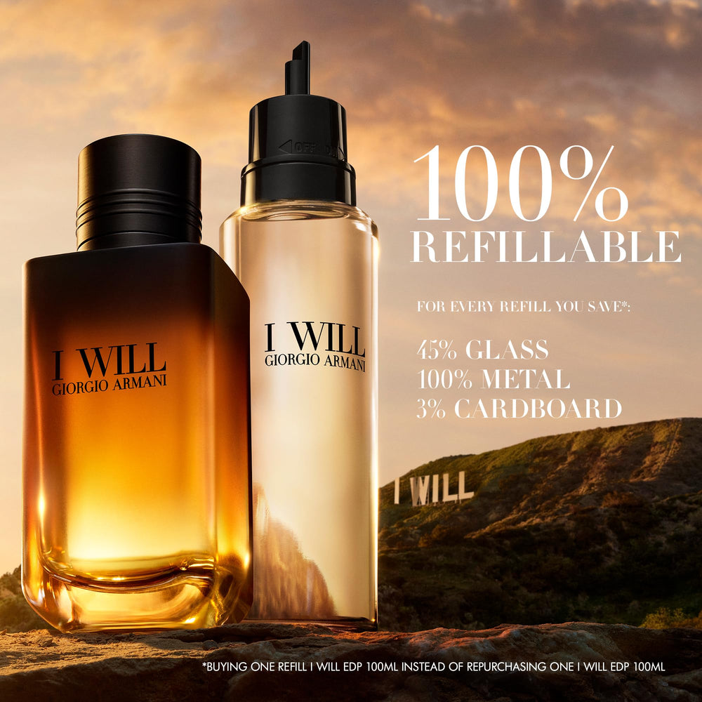 Armani Beauty refillable bottle with open cap illustrating eco-conscious feature
