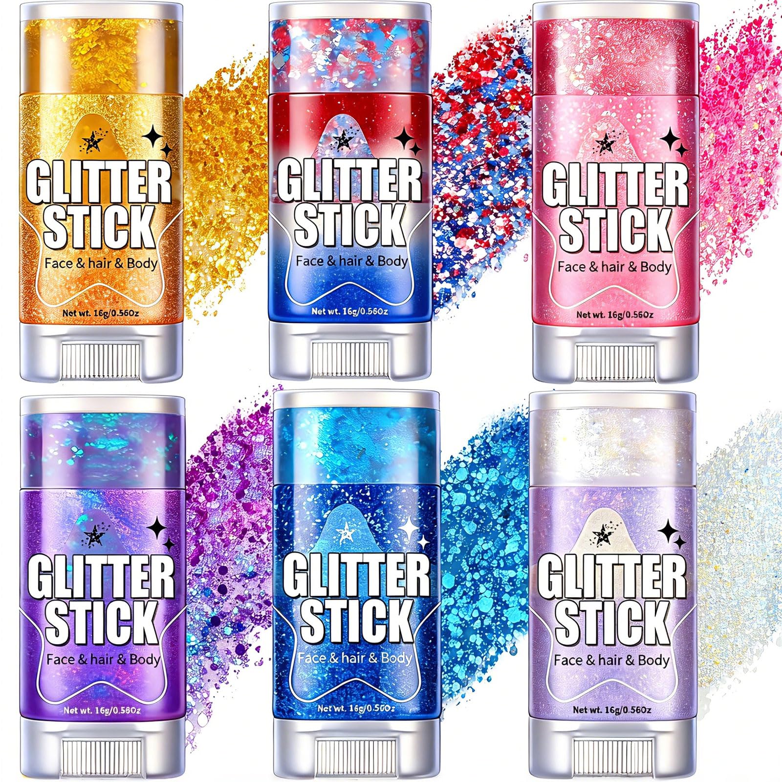 AROIC front packaging showing six glitter sticks and bright colors