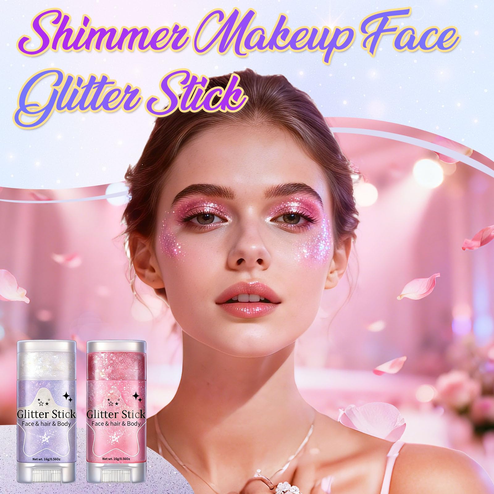 AROIC glitter stick applied to face creating instant sparkle
