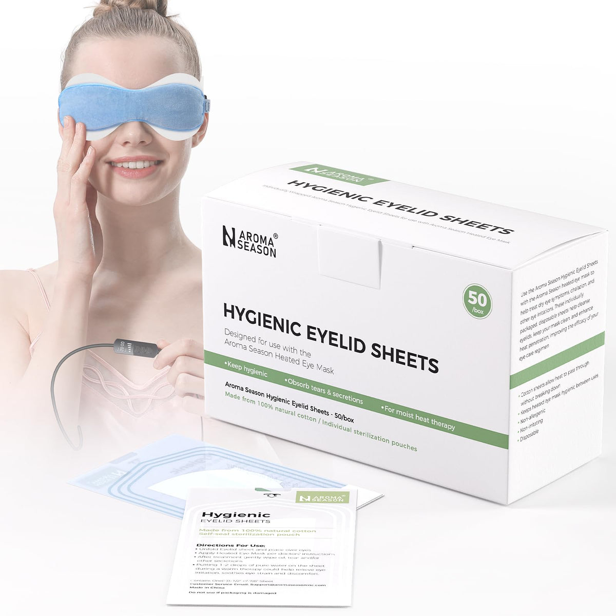 Aroma Season front box showing 50 individually wrapped eyelid sheets for hygienic use