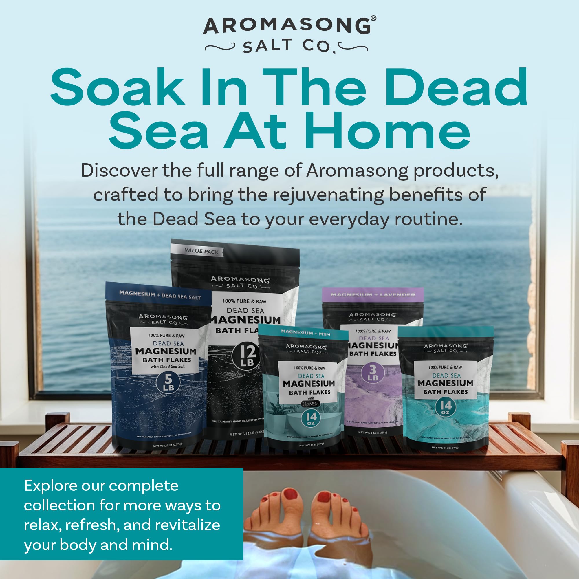 Aromasong bathroom lifestyle setup conveying calming soak routine