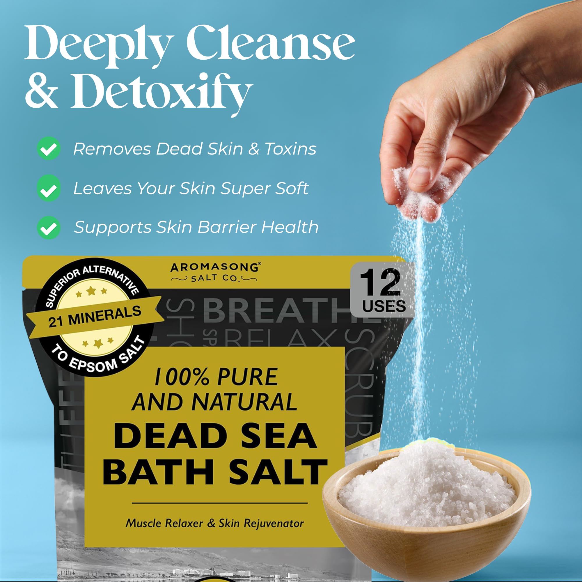 Aromasong close-up fine-grain Dead Sea salt texture for quick dissolution benefit