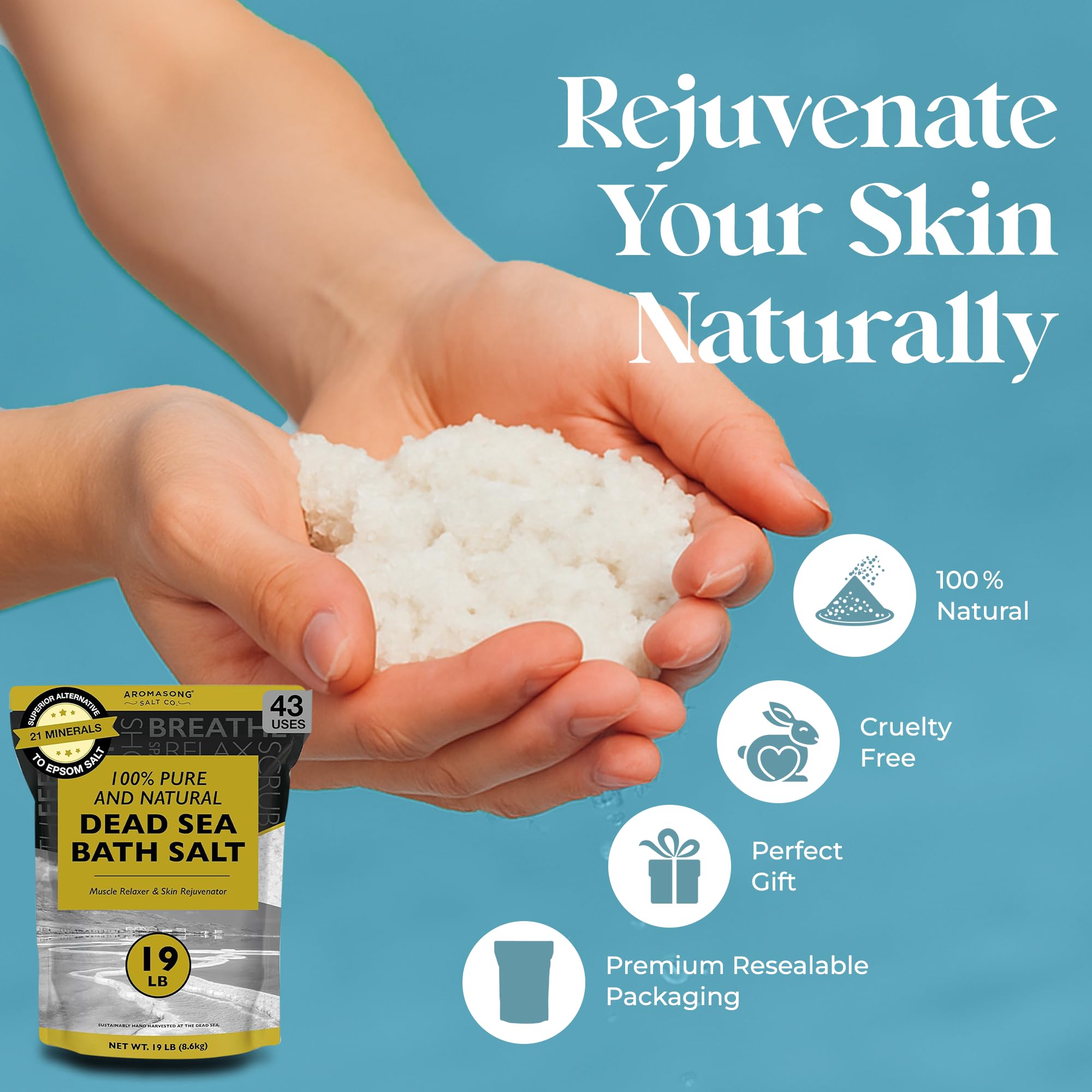 Aromasong hand scooping salts from bag showing convenient portioning for baths