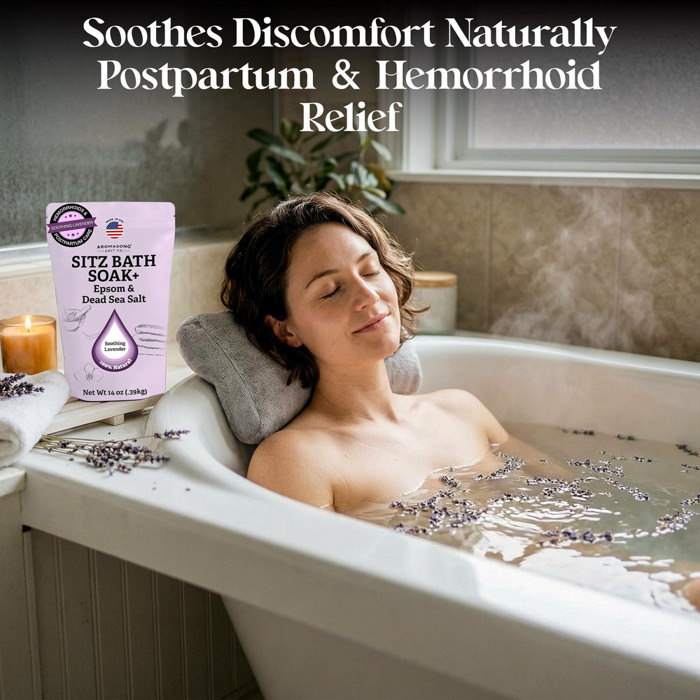 Aromasong jar open revealing coarse salt texture for soothing mineral soaks