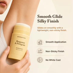 AROMATICA applying deodorant to underarm, demonstrates clear no-white-cast benefit