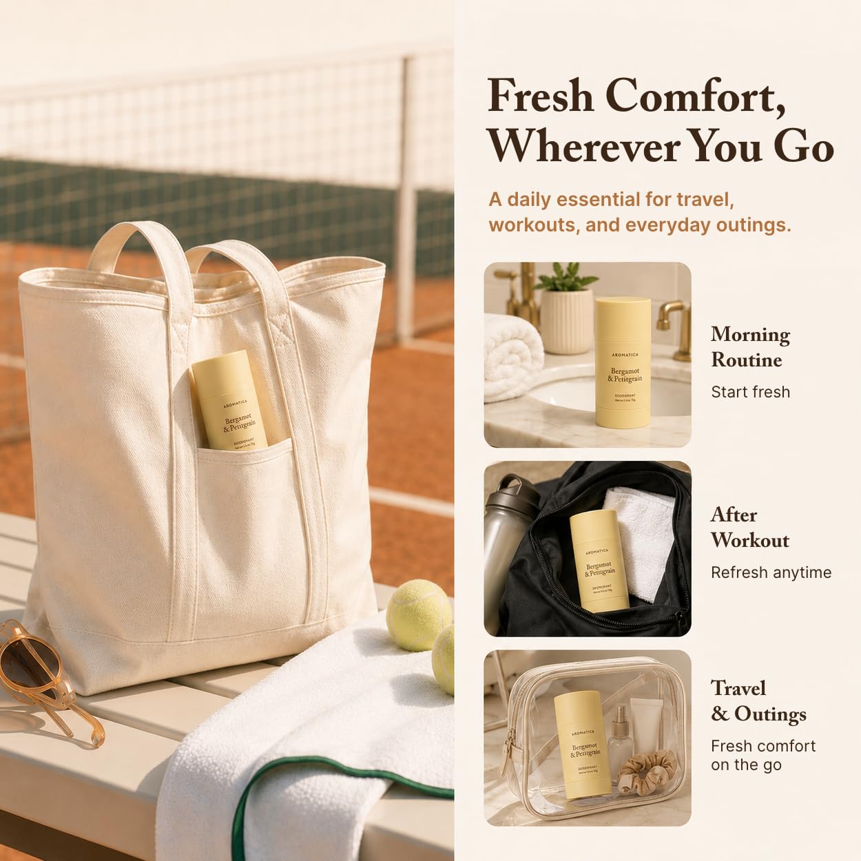AROMATICA deodorant on bathroom shelf in routine setting, suggests daily-use convenience