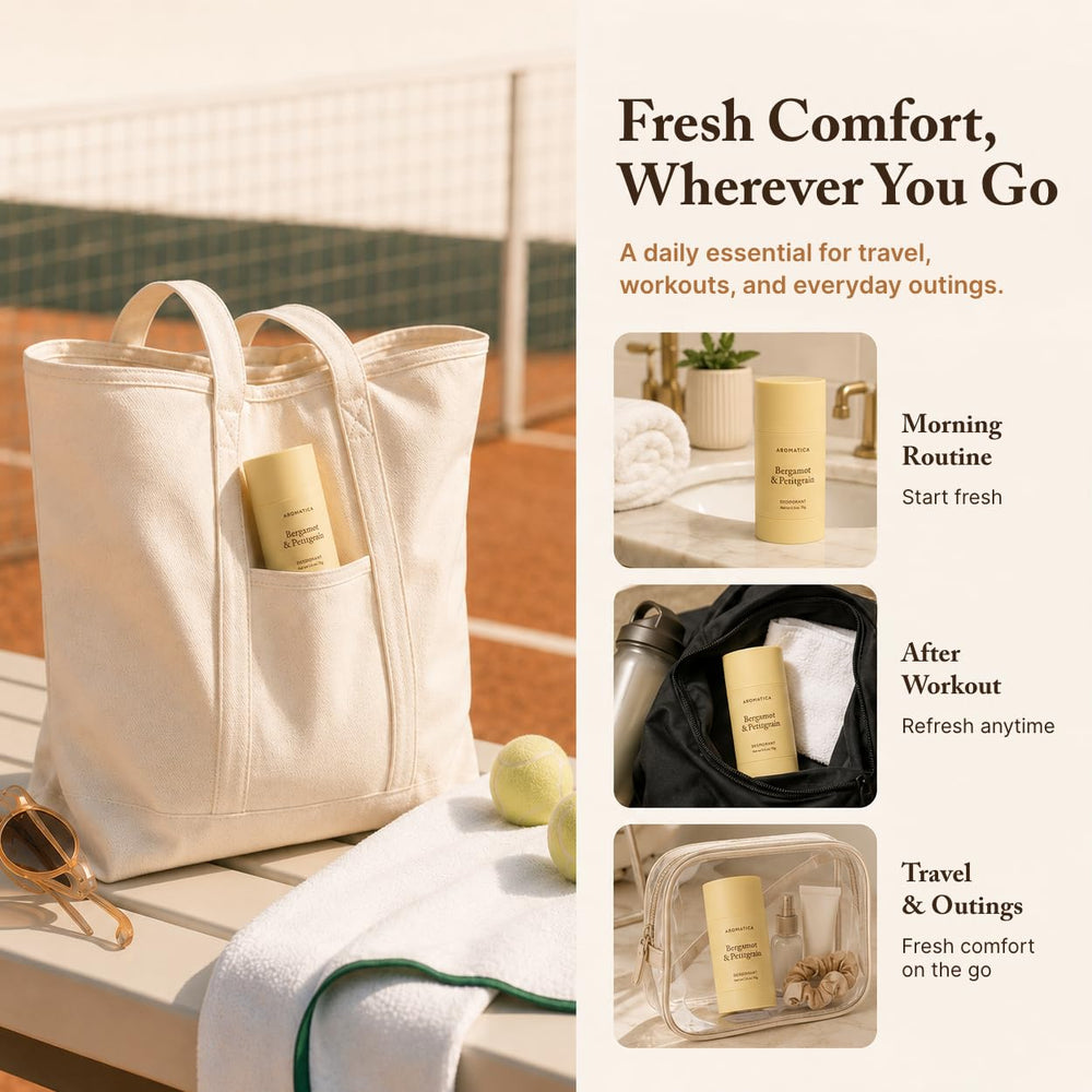AROMATICA deodorant on bathroom shelf in routine setting, suggests daily-use convenience