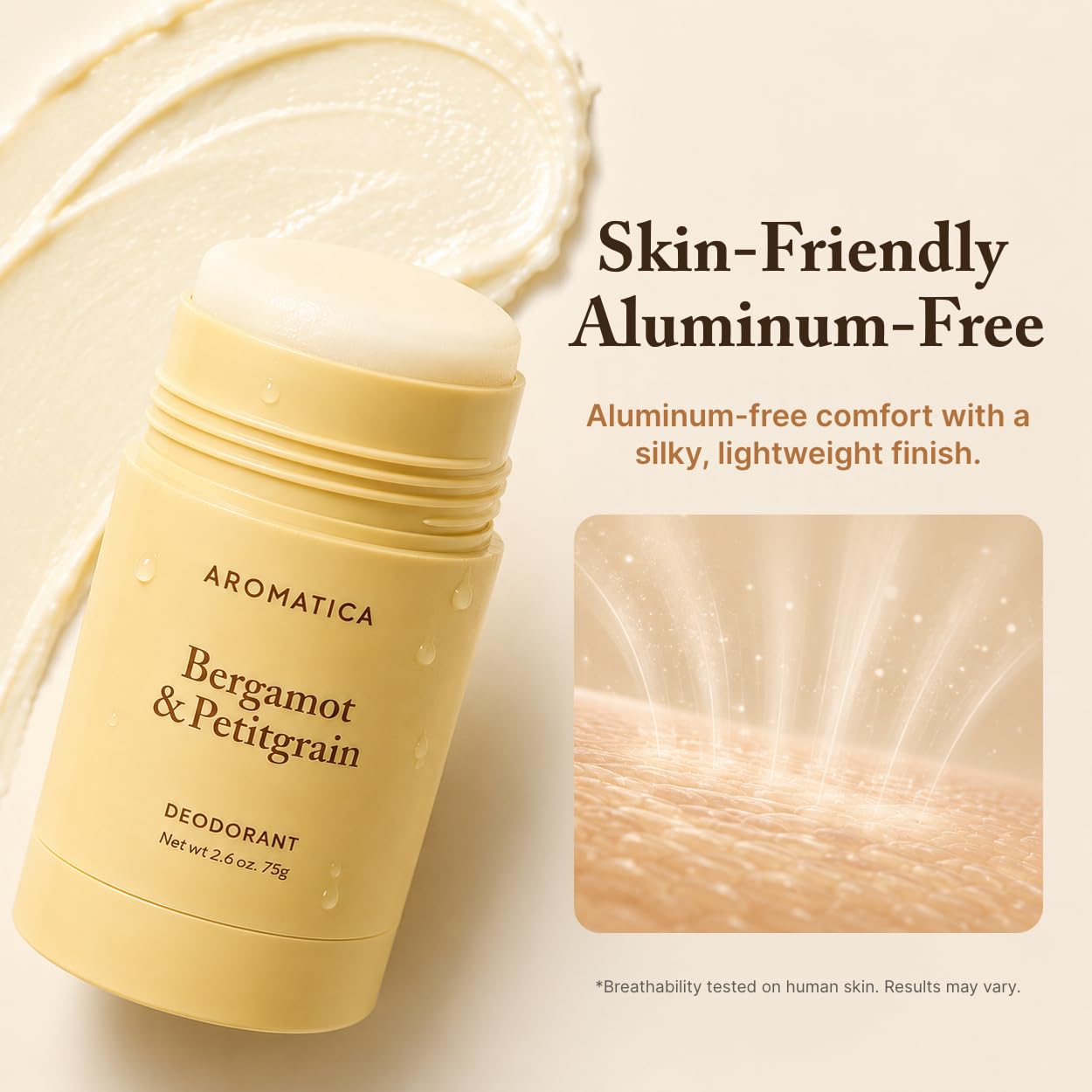 AROMATICA size comparison next to common items, conveys 2.6 oz travel-friendly benefit