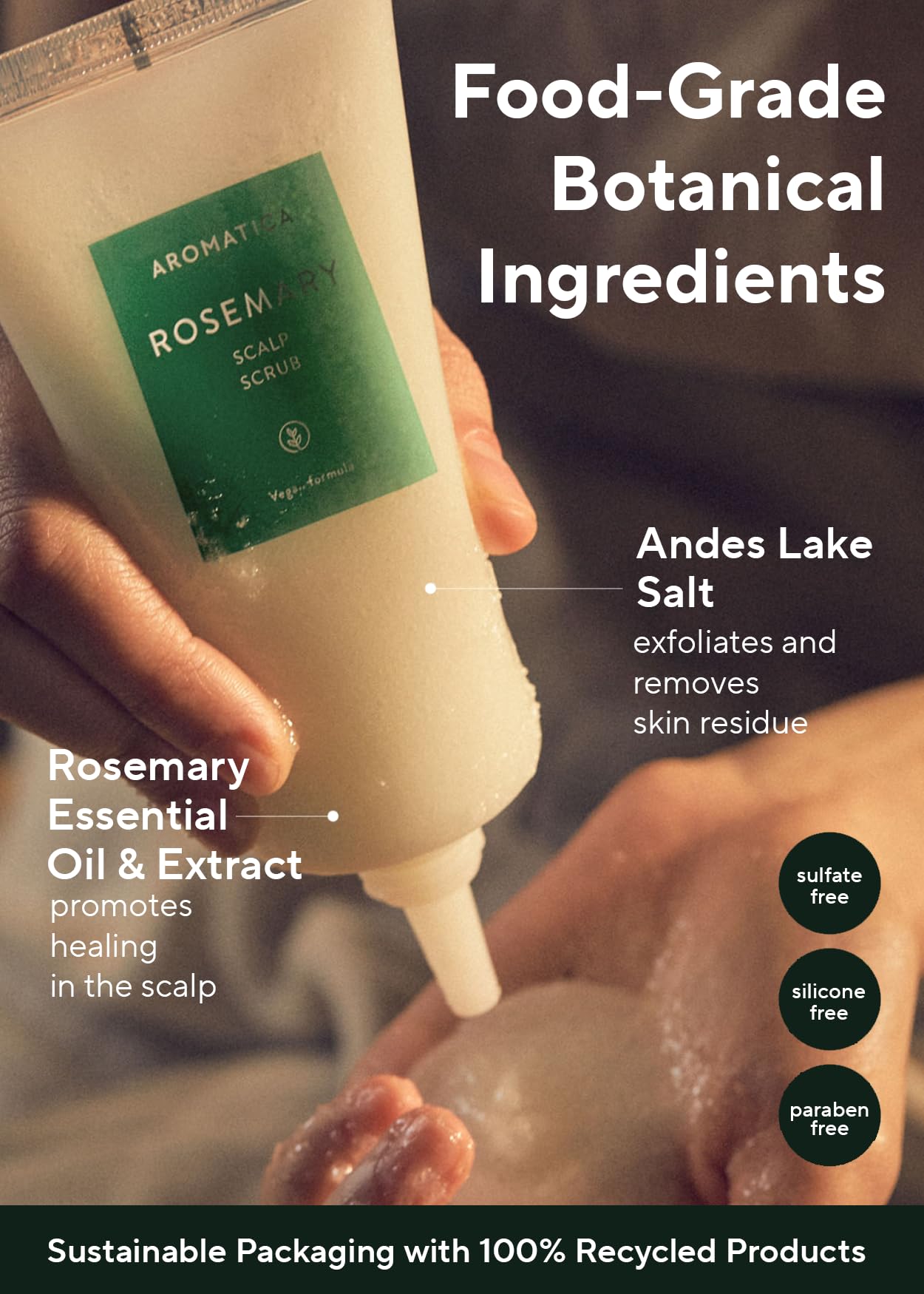 AROMATICA scrub applied with a scalp brush demonstrating deeper detox