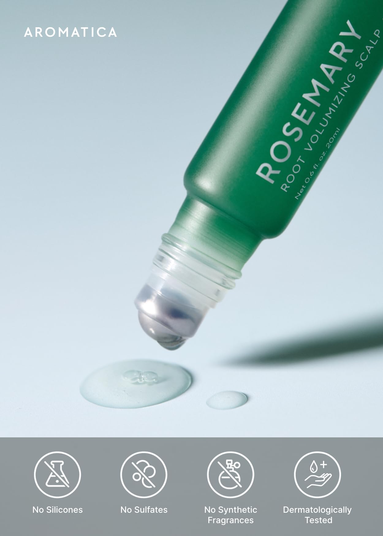 AROMATICA lifestyle shot in bathroom showing easy daily scalp routine