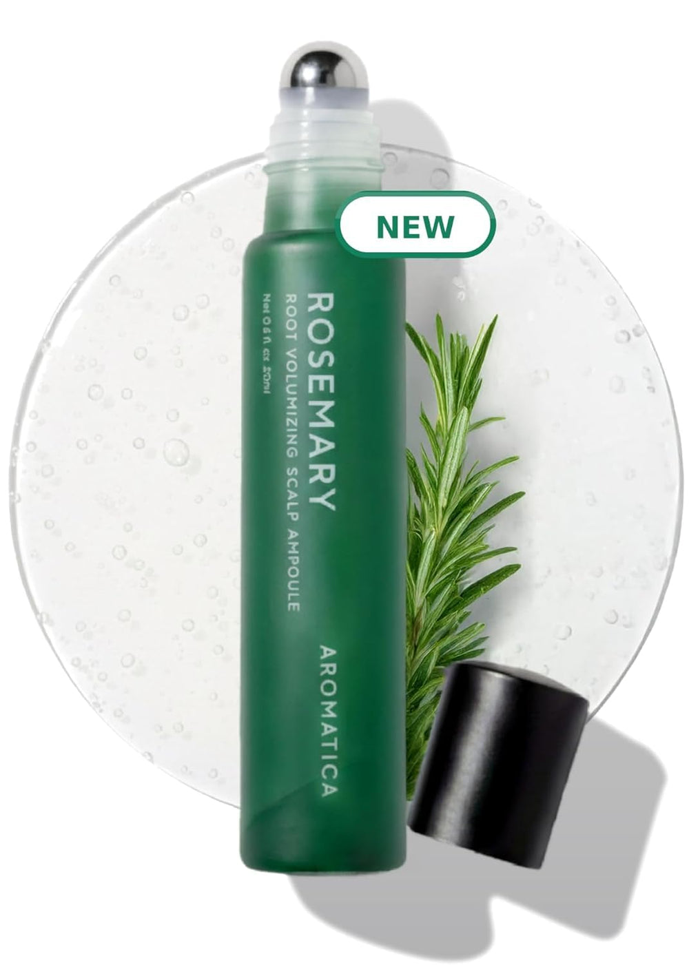 AROMATICA front packaging showing roll-on serum and clean formula benefits