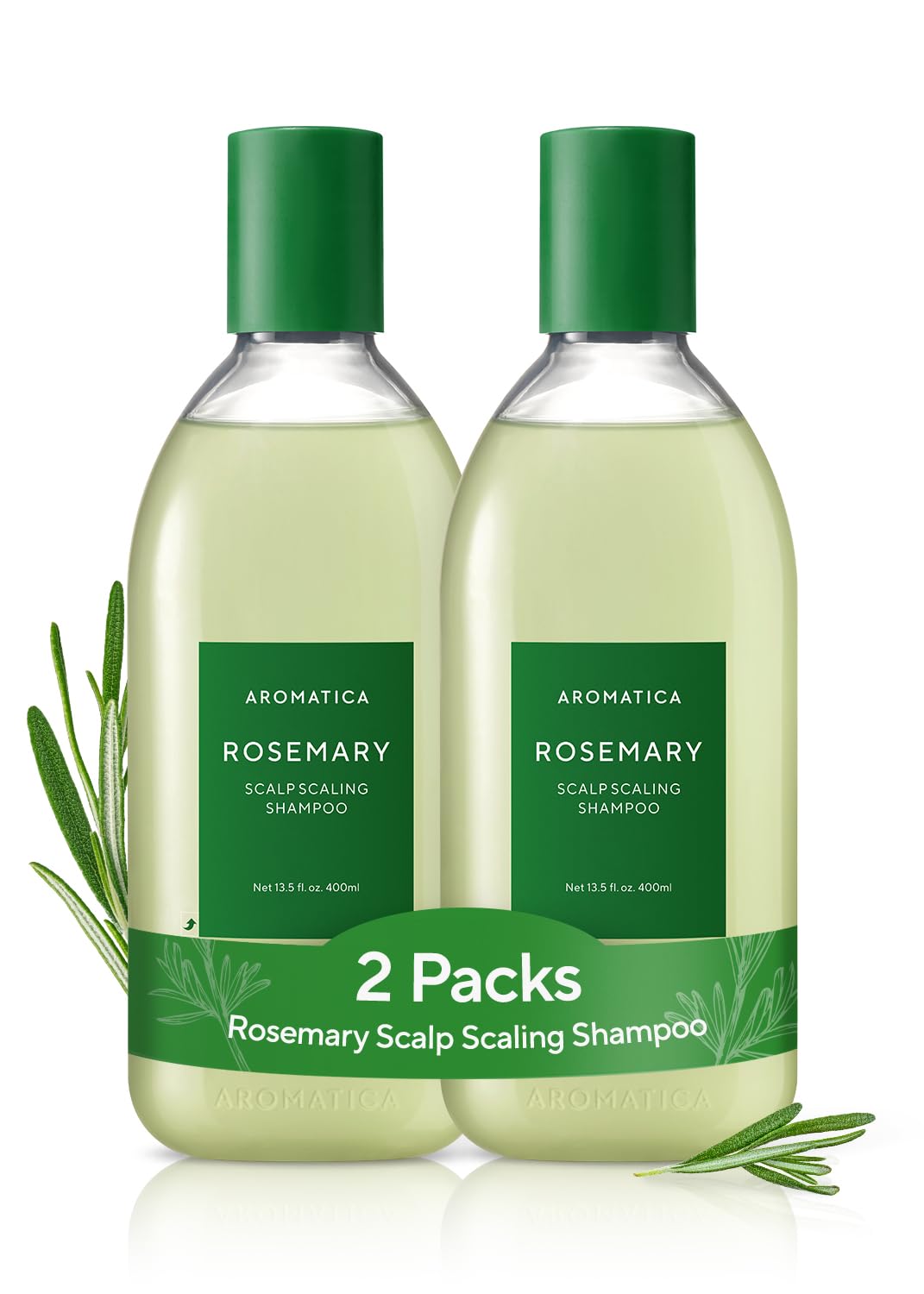 AROMATICA front packaging showing two rosemary scalp shampoo bottles, clear product benefits