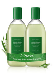 AROMATICA front packaging showing two rosemary scalp shampoo bottles, clear product benefits