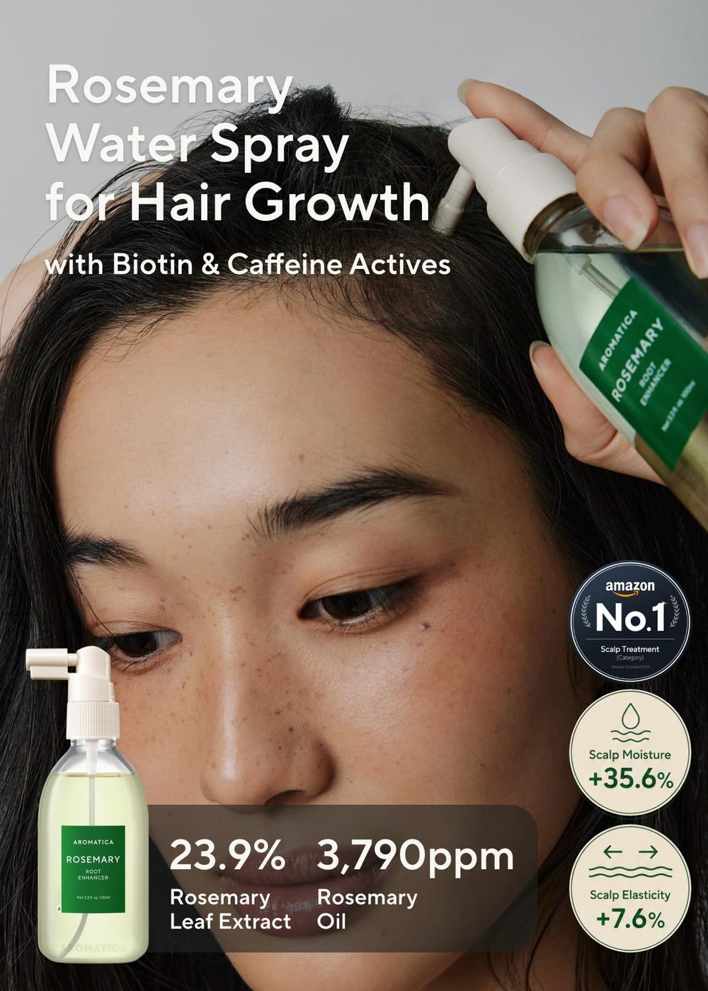 AROMATICA spray action misting onto scalp showing targeted application and ease