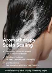 AROMATICA shampoo in hand during lather to show quick cleansing action