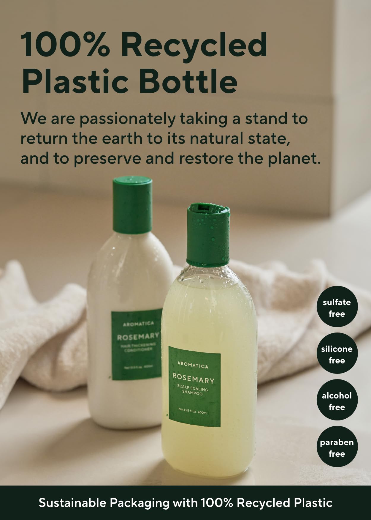 AROMATICA shampoo rinsing from hair in shower, illustrating effective residue removal