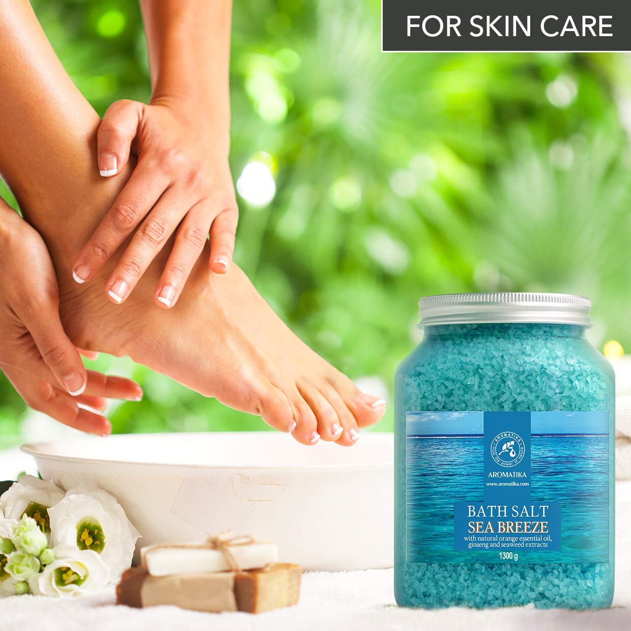 AROMATIKA foot soak basin with salts displaying quick relaxing foot care