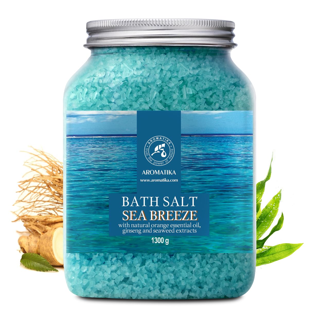 AROMATIKA open jar with visible sea salt crystals highlighting natural ingredients