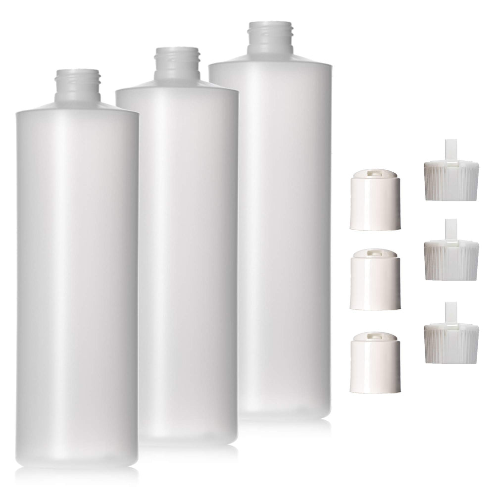 Aromine front view of three natural HDPE bottles showing pack and labels, convenient storage