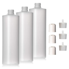 Aromine front view of three natural HDPE bottles showing pack and labels, convenient storage