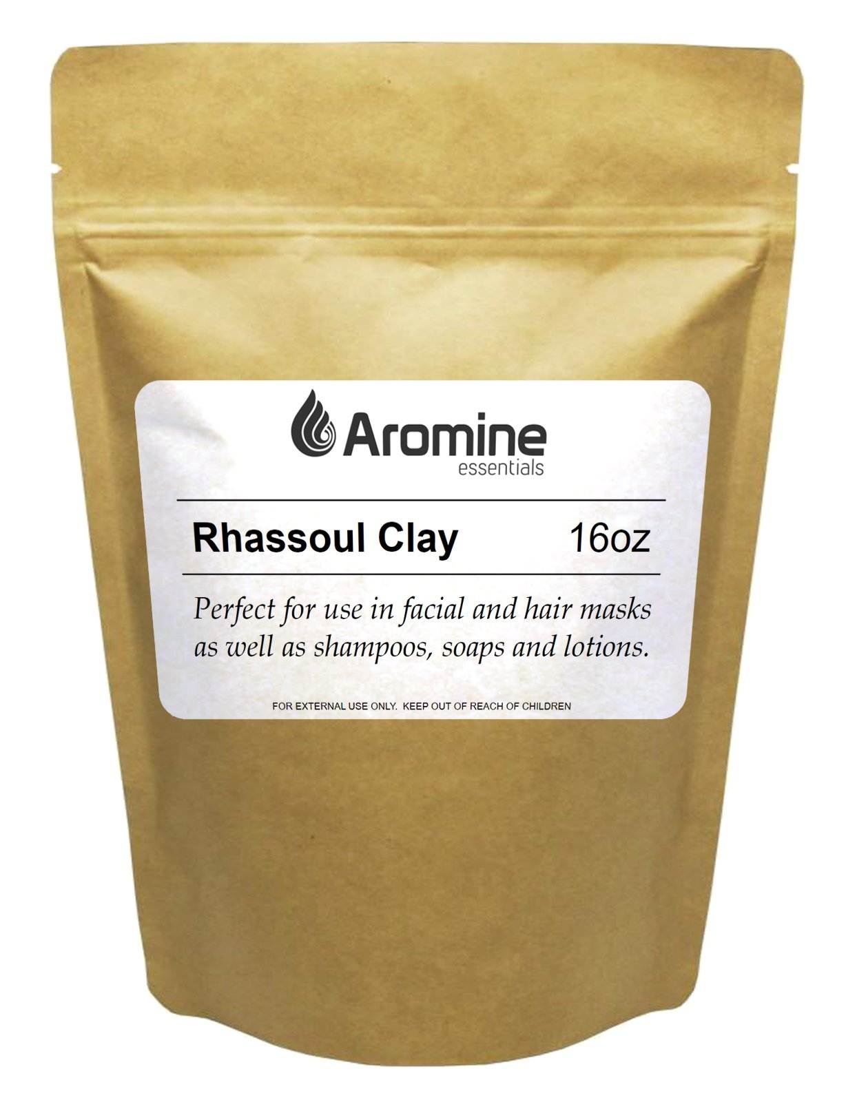 Aromine front packaging 16oz pouch showing natural ghassoul clay benefits