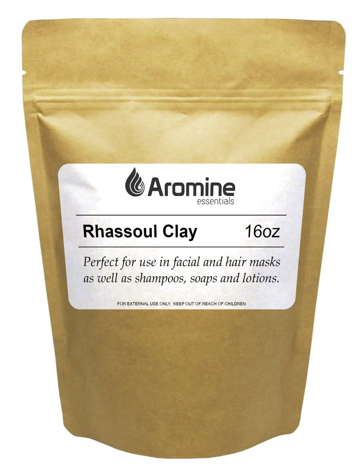 Aromine front packaging 16oz pouch showing natural ghassoul clay benefits