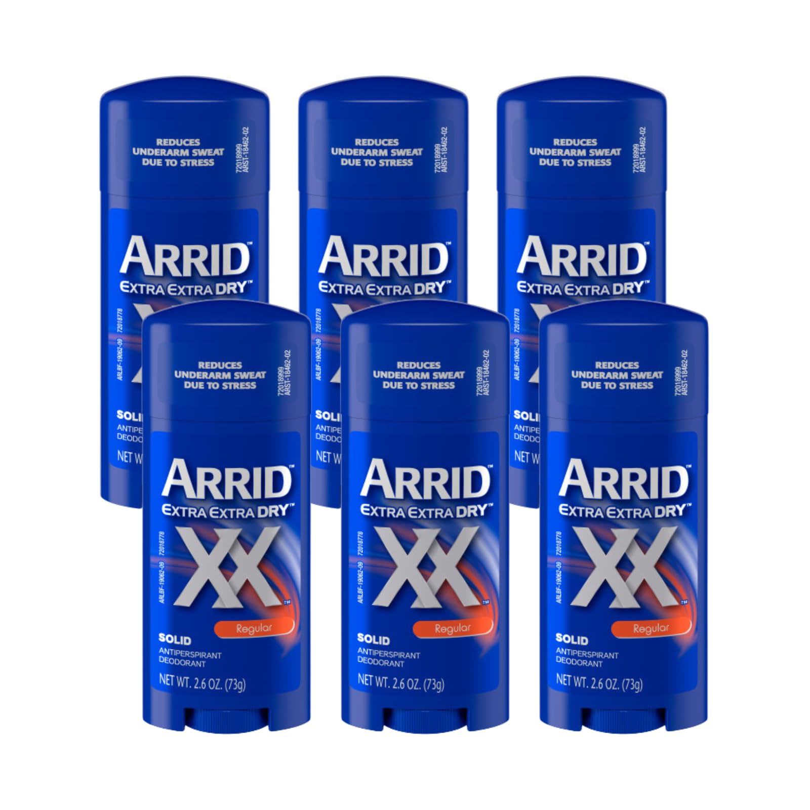 Arrid Extra Extra Dry front packaging showing six 2.6 oz sticks and easy storage benefit