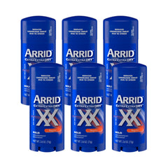 Arrid Extra Extra Dry front packaging showing six 2.6 oz sticks and easy storage benefit
