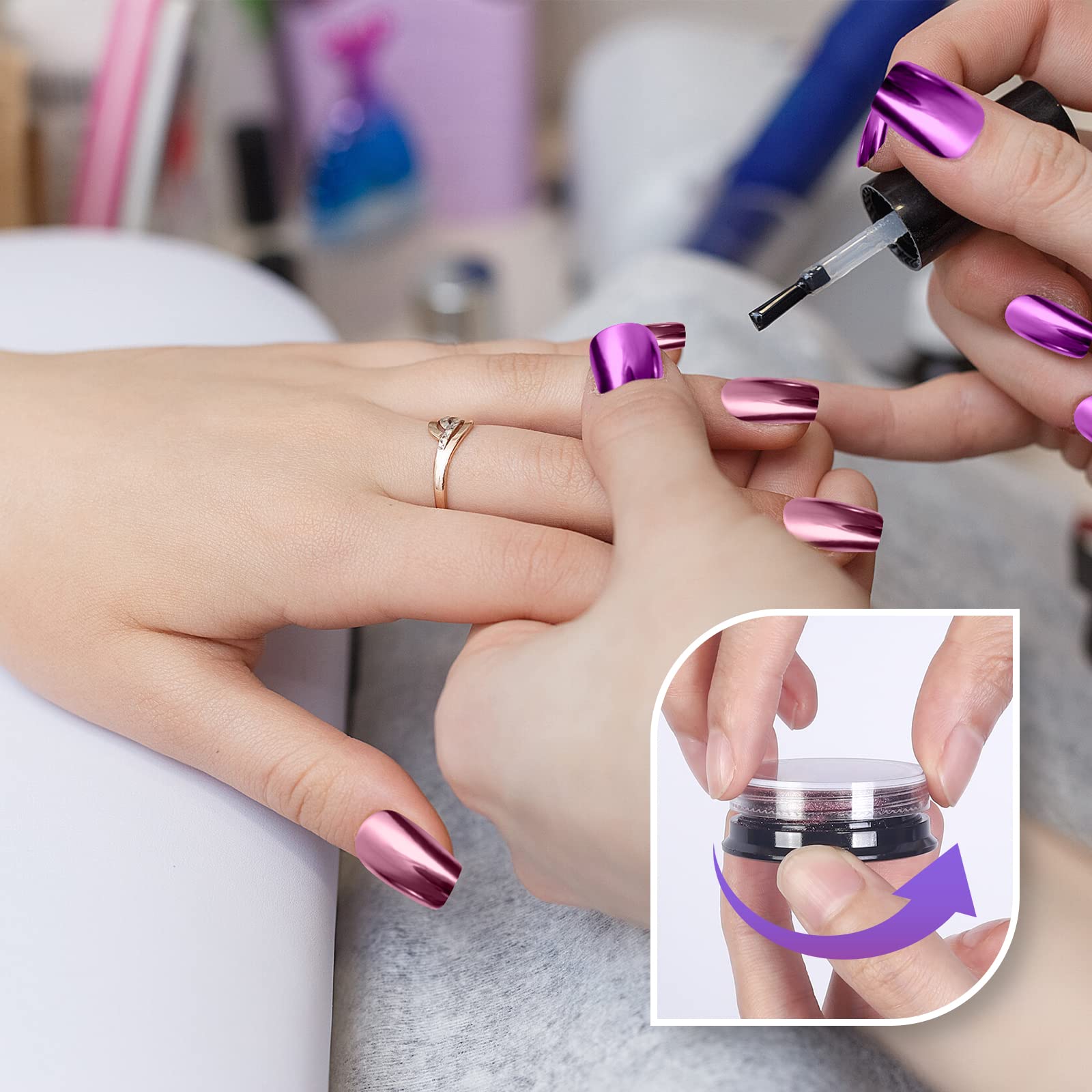 Artdone mirror effect on black gel nails demonstrating high reflectivity and salon shine