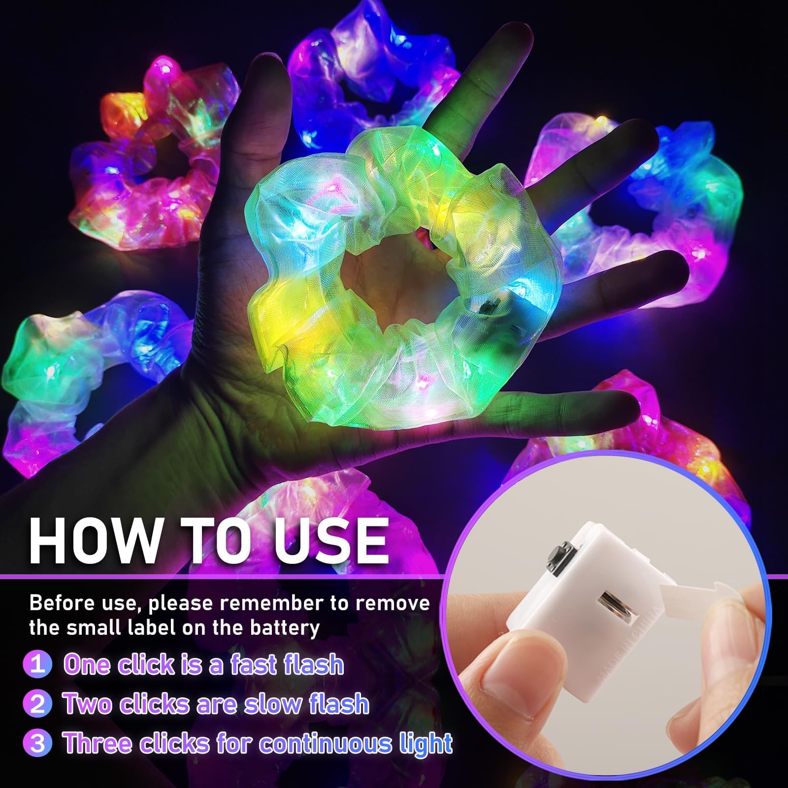 Asawira glowing scrunchie on ponytail at a night festival for fun visibility