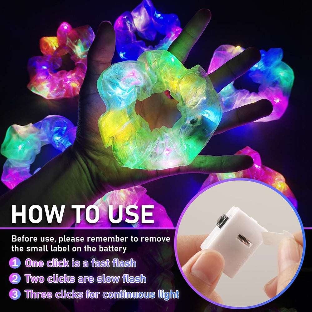 Asawira glowing scrunchie on ponytail at a night festival for fun visibility