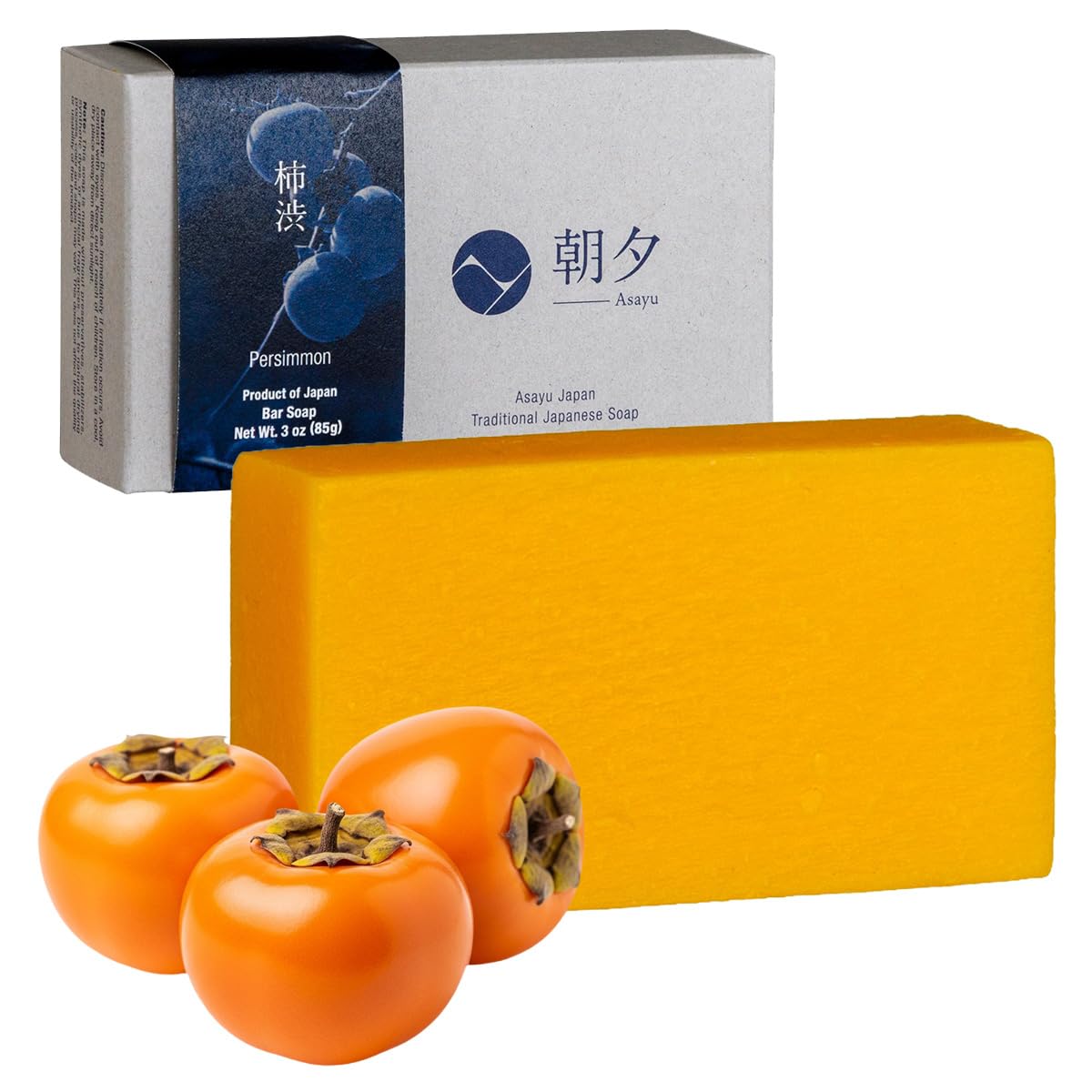 Asayu Japan persimmon soap front packaging showing brand and clean design benefit