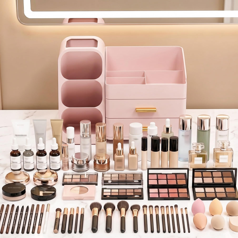 Asdbko filled vanity display with bottles and lipsticks for quick selection