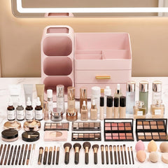 Asdbko filled vanity display with bottles and lipsticks for quick selection